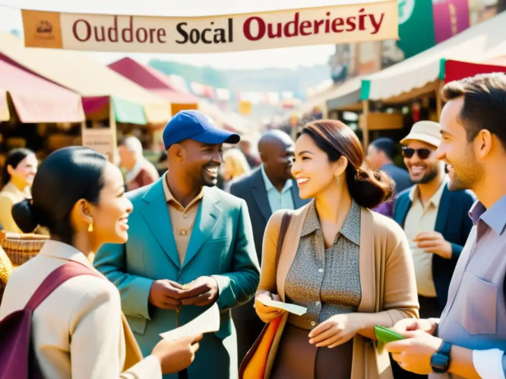 Grupo diverso conversando animadamente en un bullicioso mercado al aire libre, con carteles coloridos y escritos a mano en varios idiomas