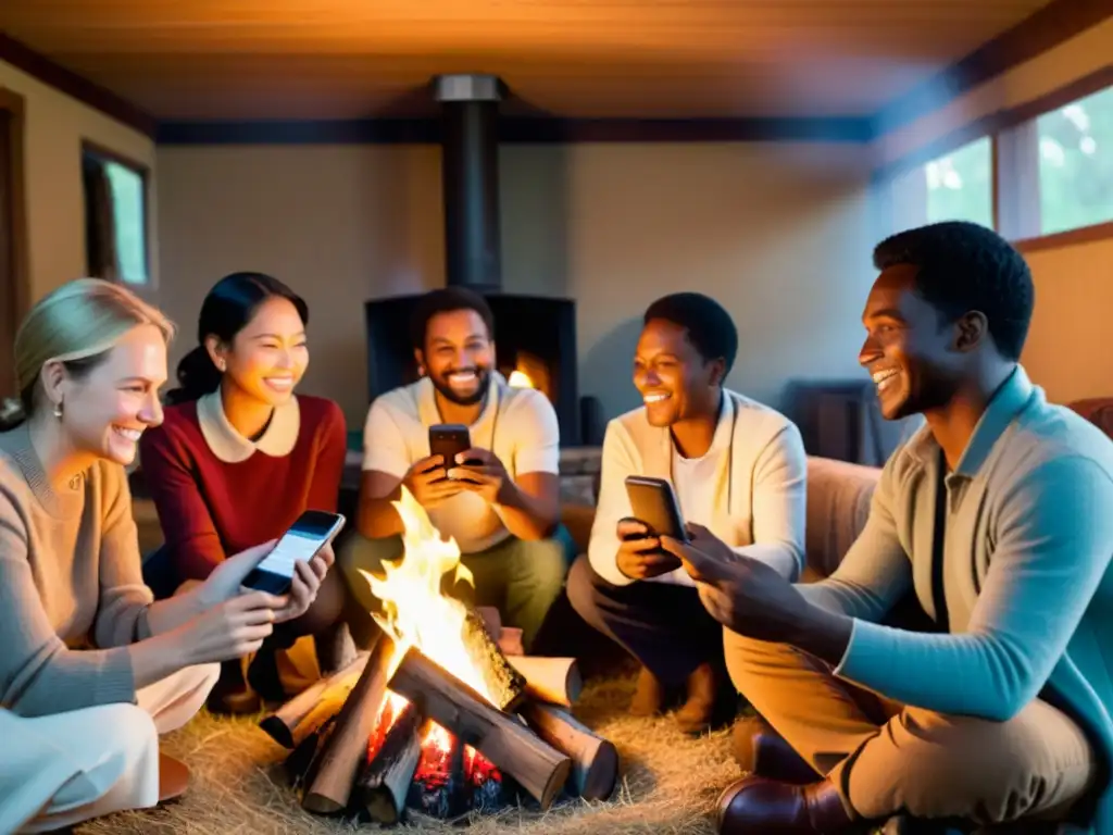 Un grupo diverso en una comunidad rural se reúne alrededor de una fogata, sosteniendo sus smartphones con aplicaciones de voz para dialectos regionales, fusionando tradición y tecnología