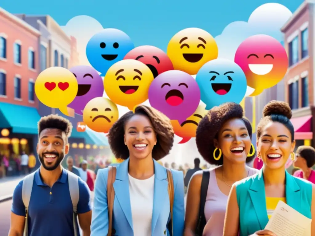 Un grupo diverso conversa usando emojis y lenguaje tradicional en la ciudad, reflejando el impacto de los emojis en la comunicación global