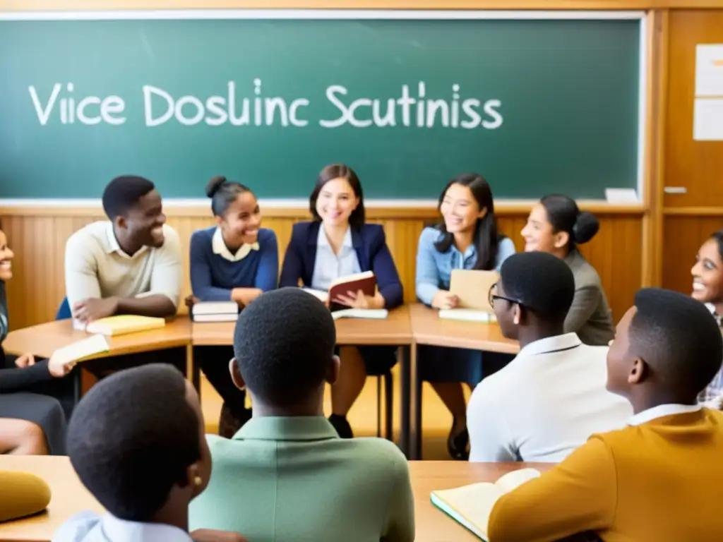 Grupo diverso de estudiantes participando en un animado diálogo interactivo de idiomas en un aula vintage, una herramienta educativa para el aprendizaje dinámico del idioma