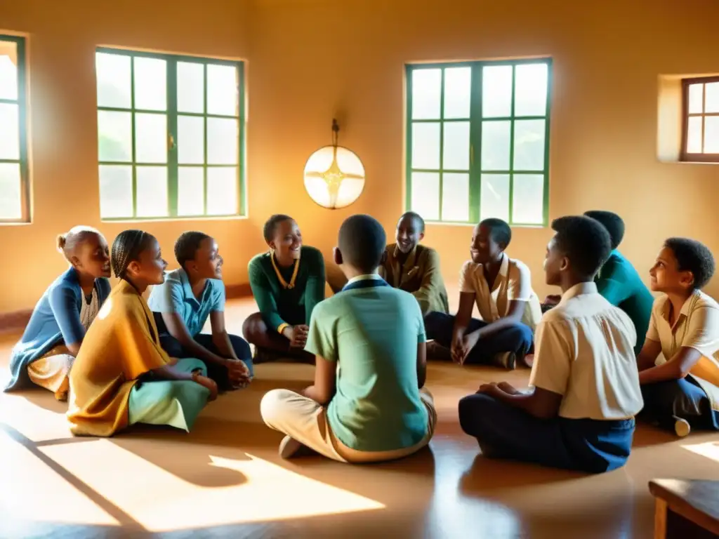 Un grupo diverso de estudiantes participa con entusiasmo en una lección de Swahili, guiados por un instructor apasionado