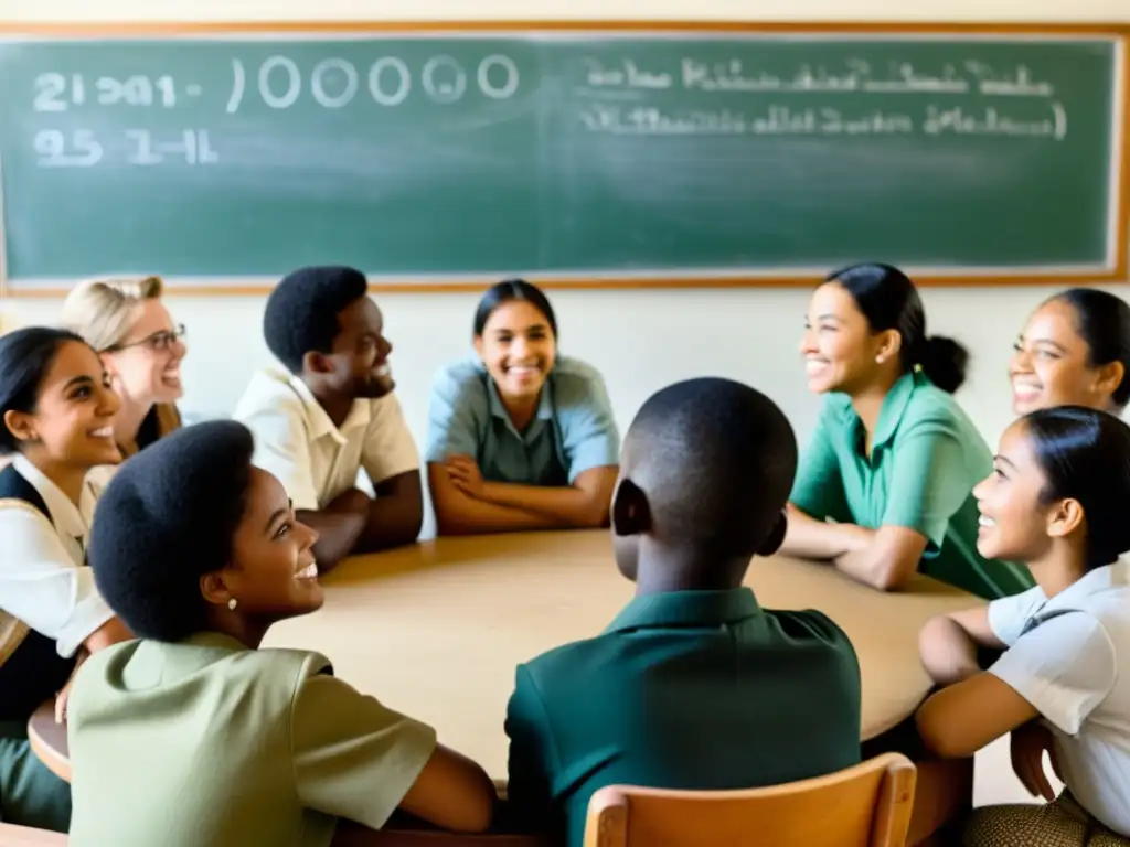 Un grupo diverso de estudiantes intercambia ideas en un aula vintage