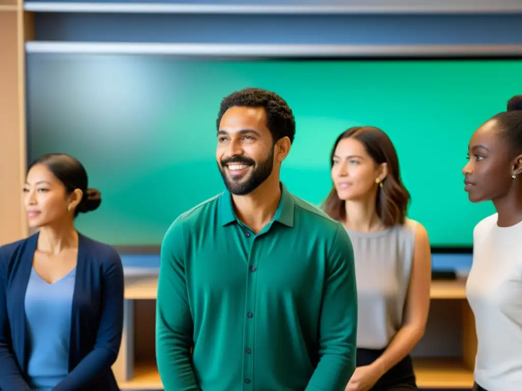 Grupo diverso de estudiantes aprendiendo idiomas con la técnica Silent Way, destacando la comunicación no verbal y el proceso dinámico de aprendizaje