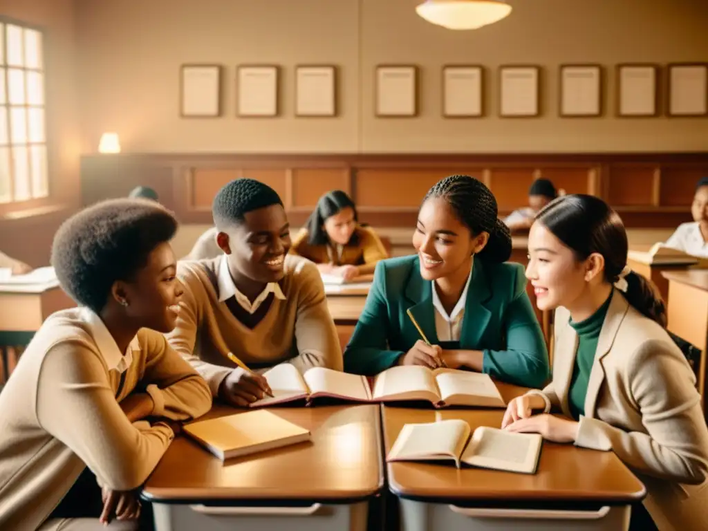 Grupo diverso de estudiantes inmersos en una animada discusión en un aula vintage