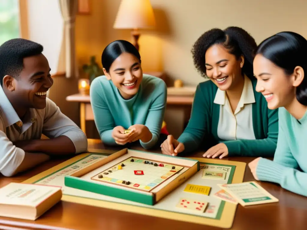 Un grupo diverso de estudiantes se divierte con juegos de mesa y tarjetas de idiomas