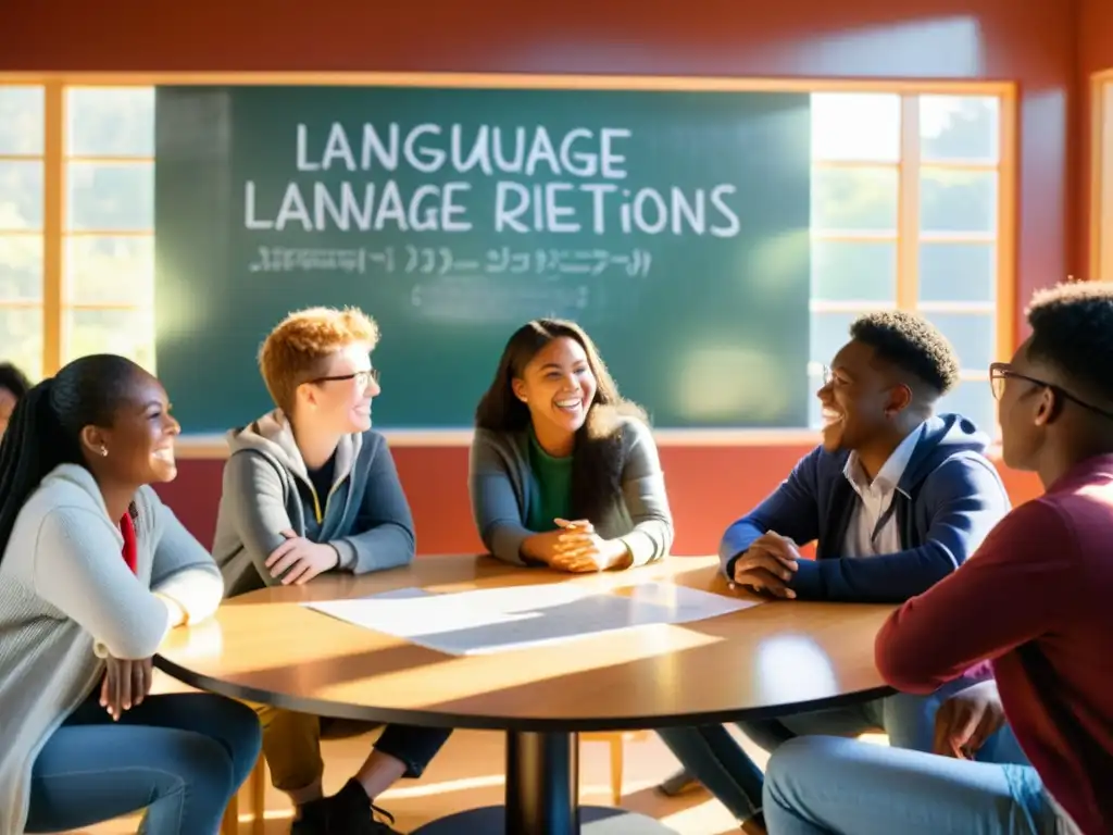 Grupo diverso de estudiantes discutiendo sobre lenguaje y cultura, creando un ambiente inclusivo y dinámico