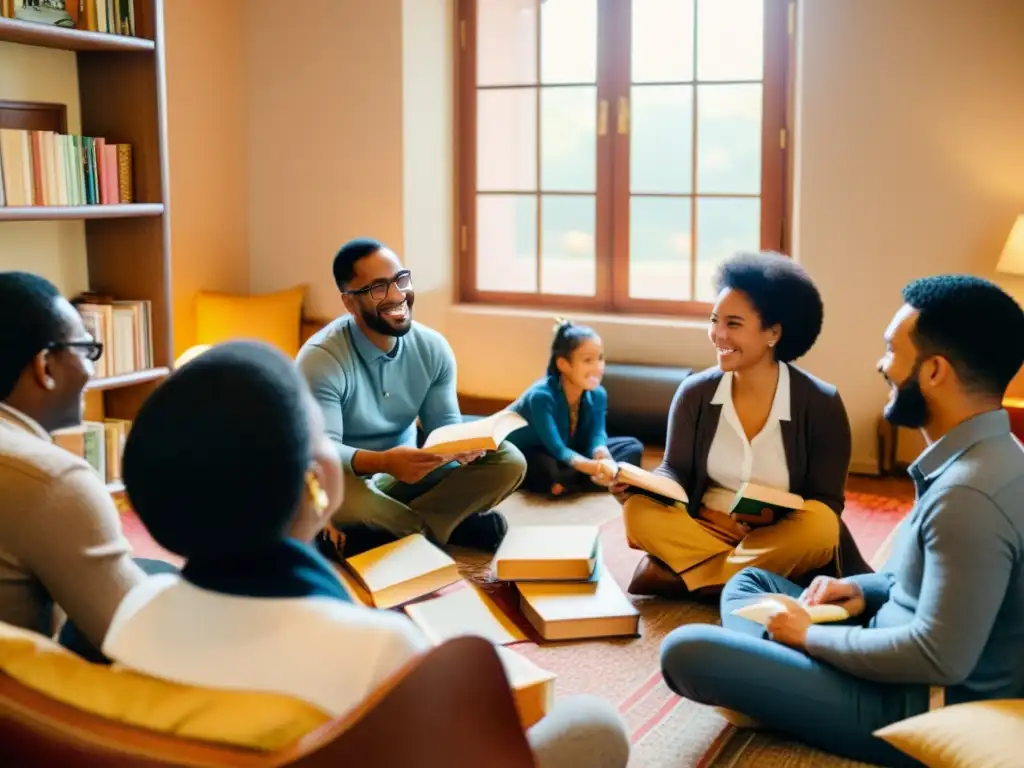 Un grupo diverso comparte experiencias y conocimientos en un círculo, sonriendo y conversando animadamente