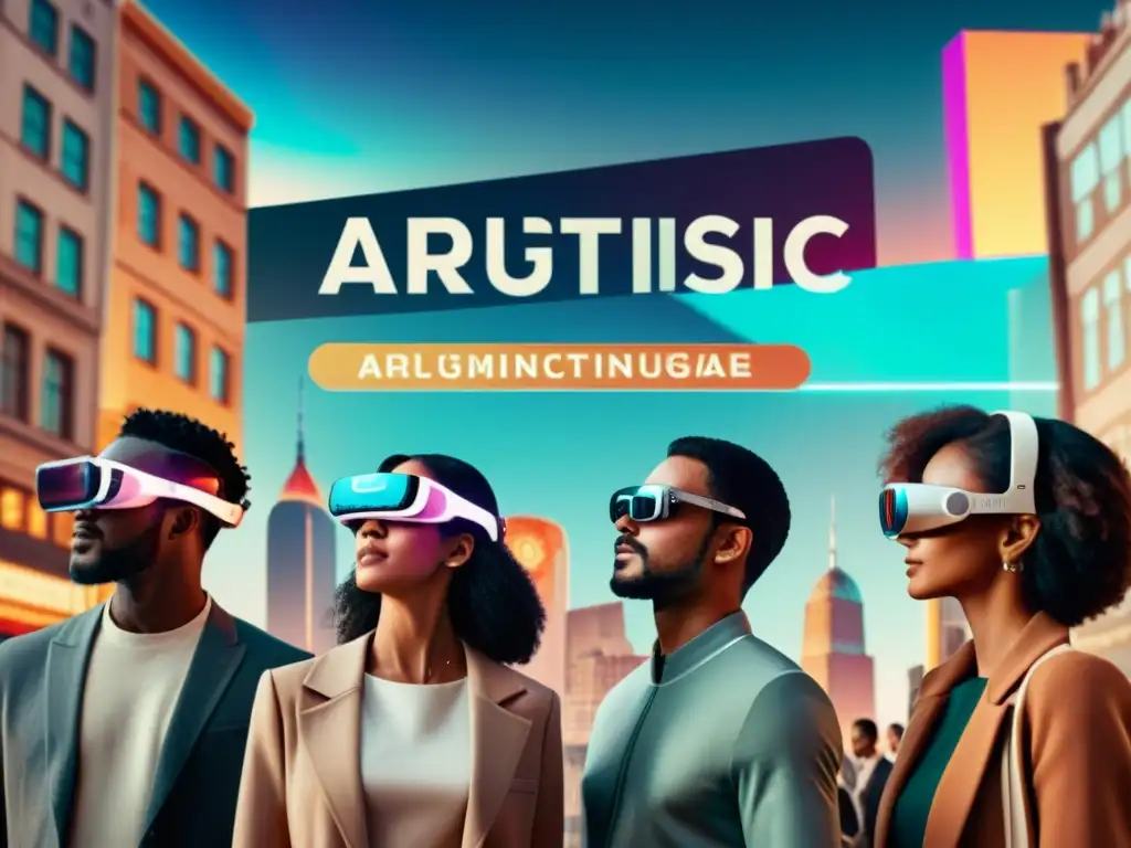 Grupo diverso usando gafas de AR interactuando con interfaces en distintos idiomas en una ciudad futurista