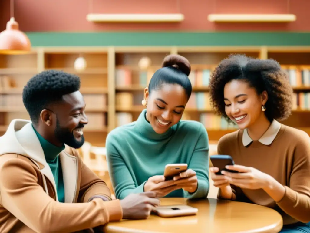 Un grupo diverso aprende idiomas mediante redes sociales en un ambiente acogedor y retro con luz natural