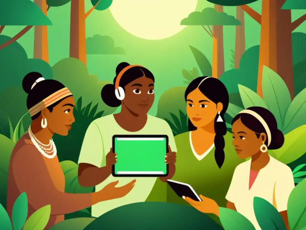 Grupo diverso de indígenas aprendiendo lenguas indígenas en plataformas digitales en el bosque