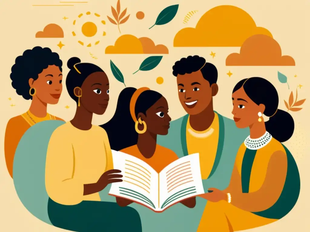 Un grupo diverso se reúne para integración lingüística en migración, intercambiando libros y compartiendo historias en una ilustración vintage