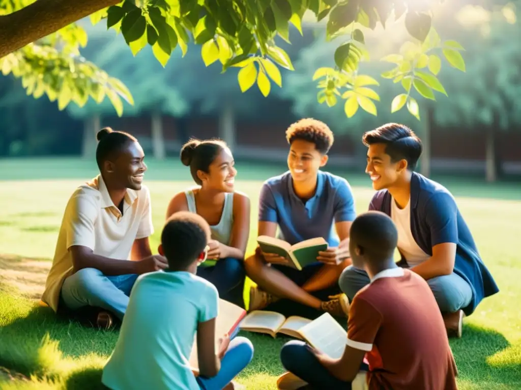 Un grupo diverso de jóvenes intercambia conocimientos y culturas en un círculo en un campo