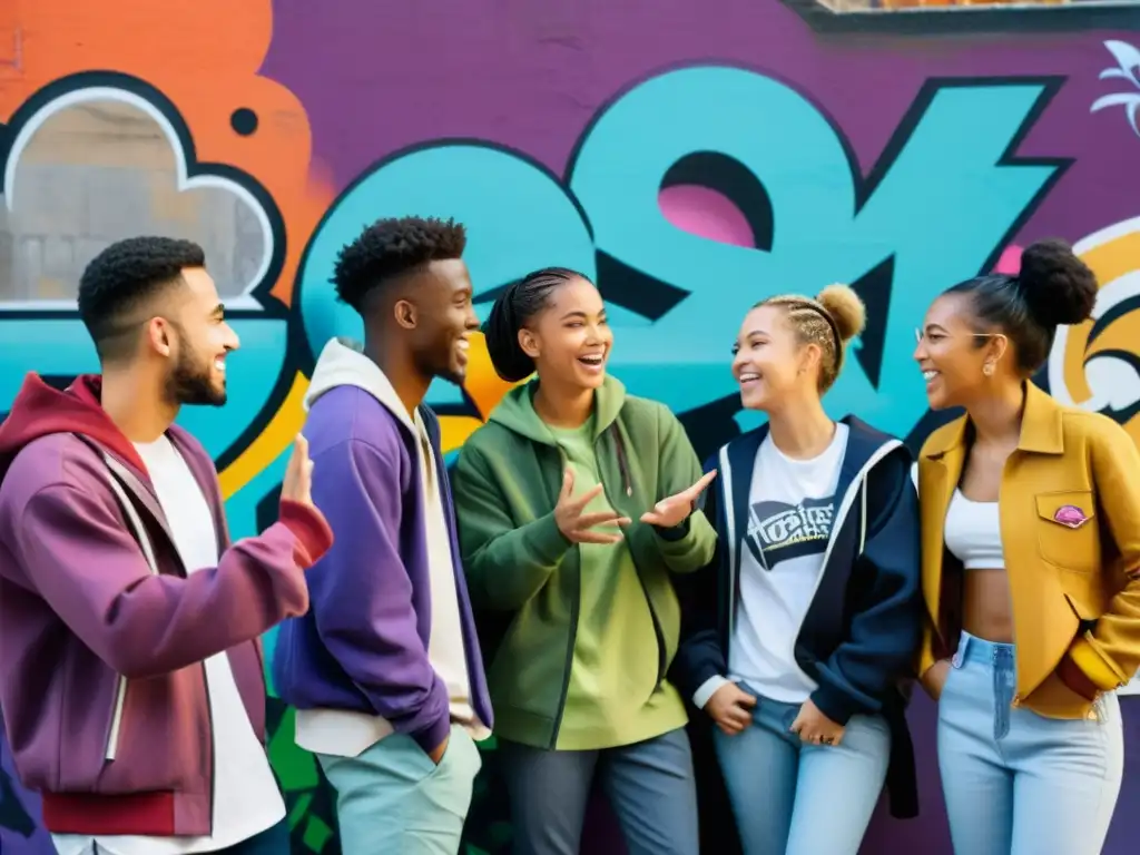 Un grupo diverso de jóvenes conversa animadamente en un entorno urbano vibrante, con grafitis coloridos de fondo