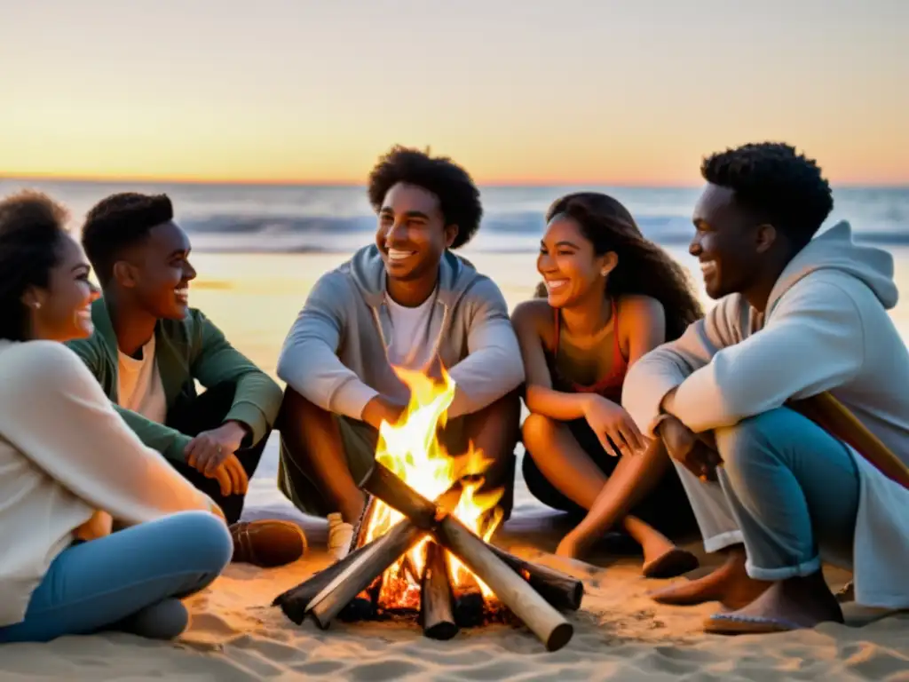 Un grupo diverso de jóvenes se reúne alrededor de una fogata en la playa al atardecer