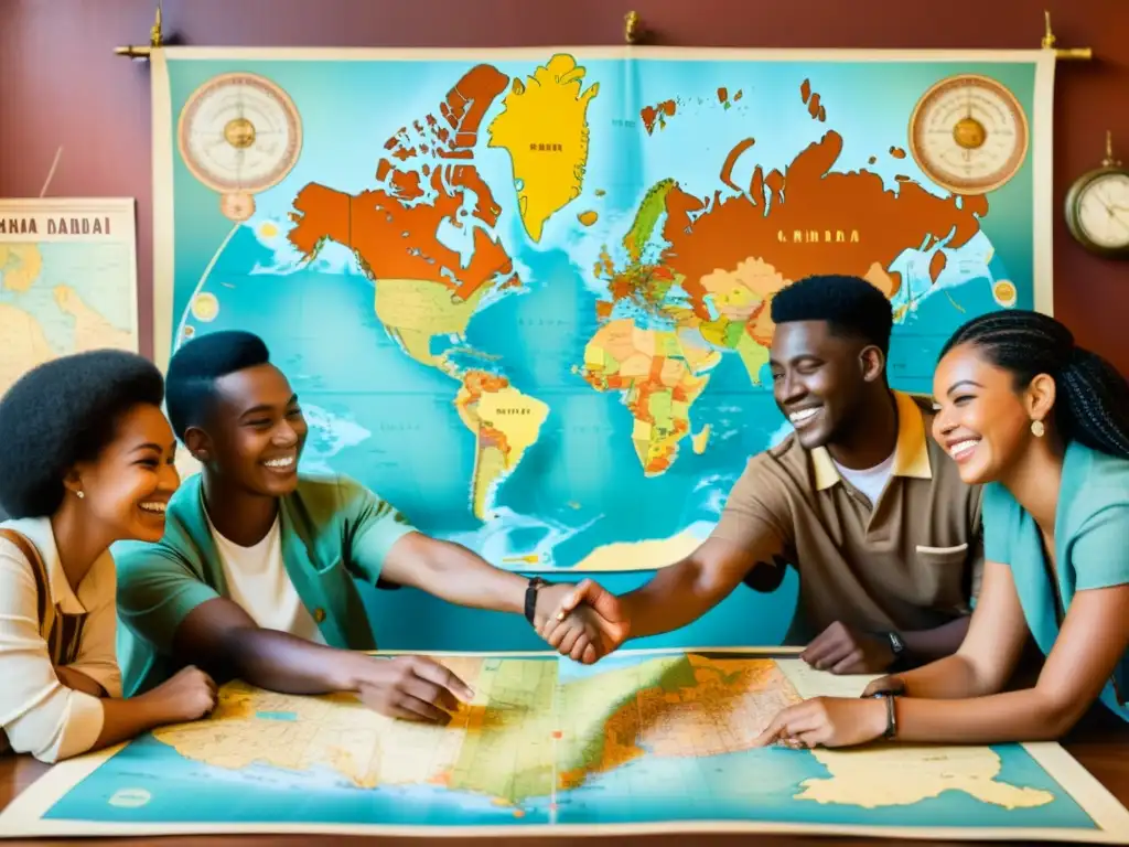 Un grupo diverso de jóvenes sonrientes se reúne alrededor de un mapa del mundo, señalando diferentes ubicaciones y discutiendo intercambio cultural