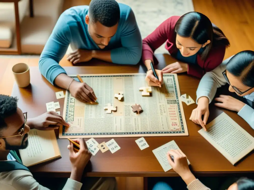 Un grupo diverso disfruta de juegos de sinónimos y antónimos multilingües en una acogedora sala llena de libros y decoración relacionada con idiomas