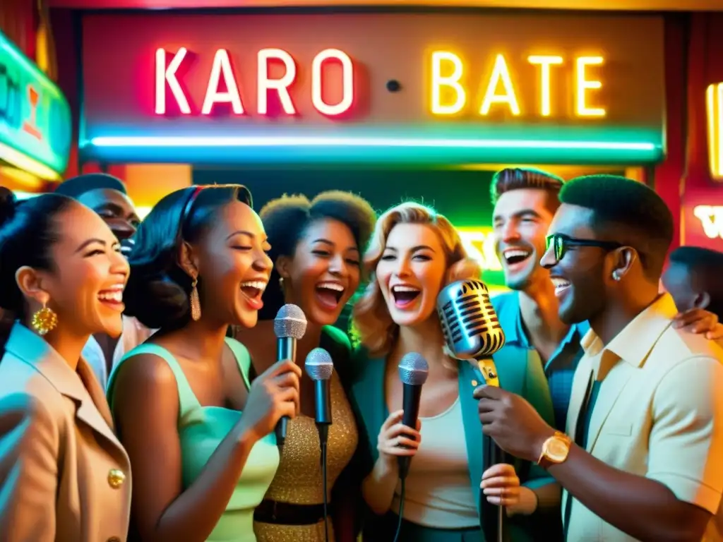 Un grupo diverso disfruta cantando karaoke en varios idiomas, en un ambiente vintage acogedor