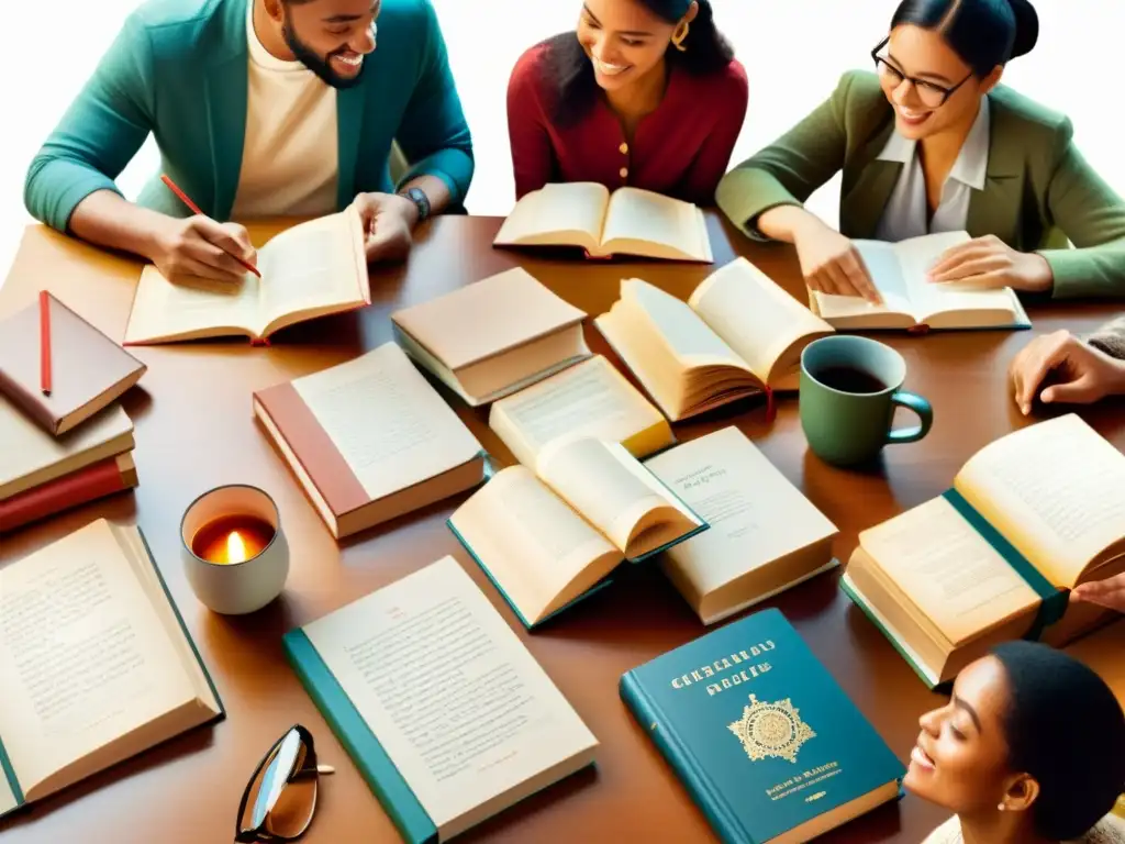 Un grupo diverso intercambia libros multilingües en una animada conversación alrededor de una mesa