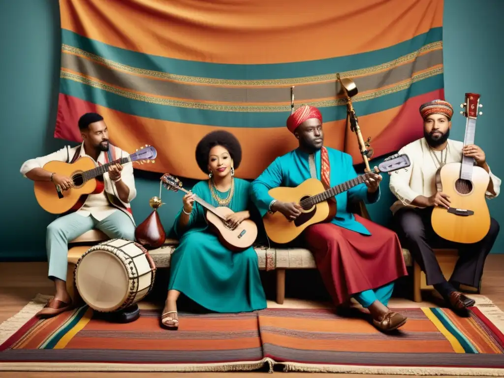 Grupo diverso de músicos tocando instrumentos tradicionales en un ambiente multicultural, capturando la expresión cultural a través del dialecto