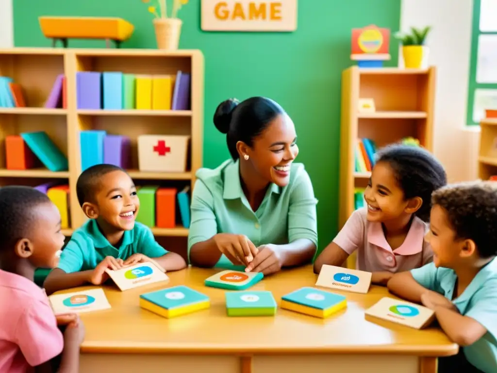 Un grupo diverso de niños participa en juegos interactivos para aprender idiomas en un aula vintage con una atmósfera educativa y lúdica