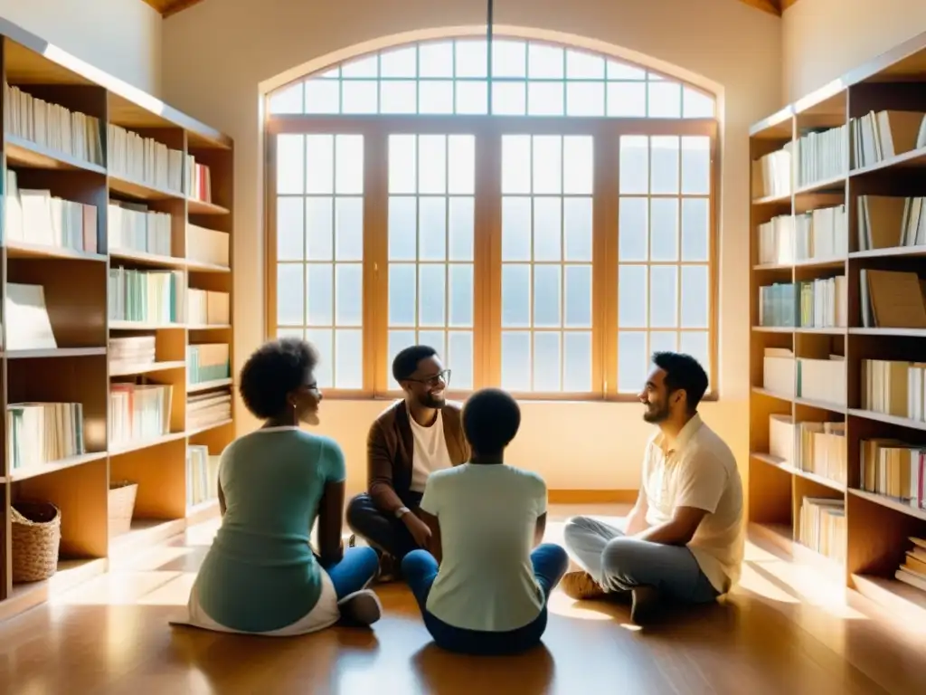 Un grupo diverso de participantes en intercambio de idiomas comparte historias y enseña frases en un centro comunitario rodeado de libros antiguos