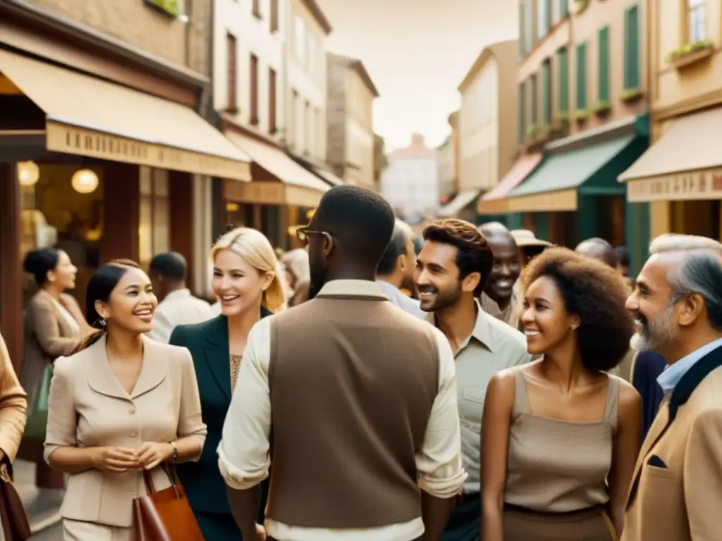 Un grupo diverso de personas conversa animadamente en una bulliciosa calle, destacando el impacto de los dialectos en comunidades