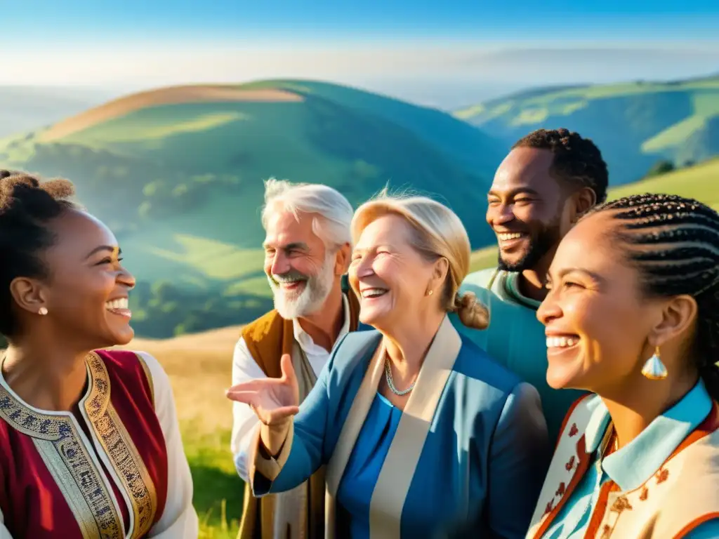 Un grupo diverso de personas en círculo, vistiendo trajes tradicionales de distintos dialectos germánicos, conversando y riendo en un paisaje natural