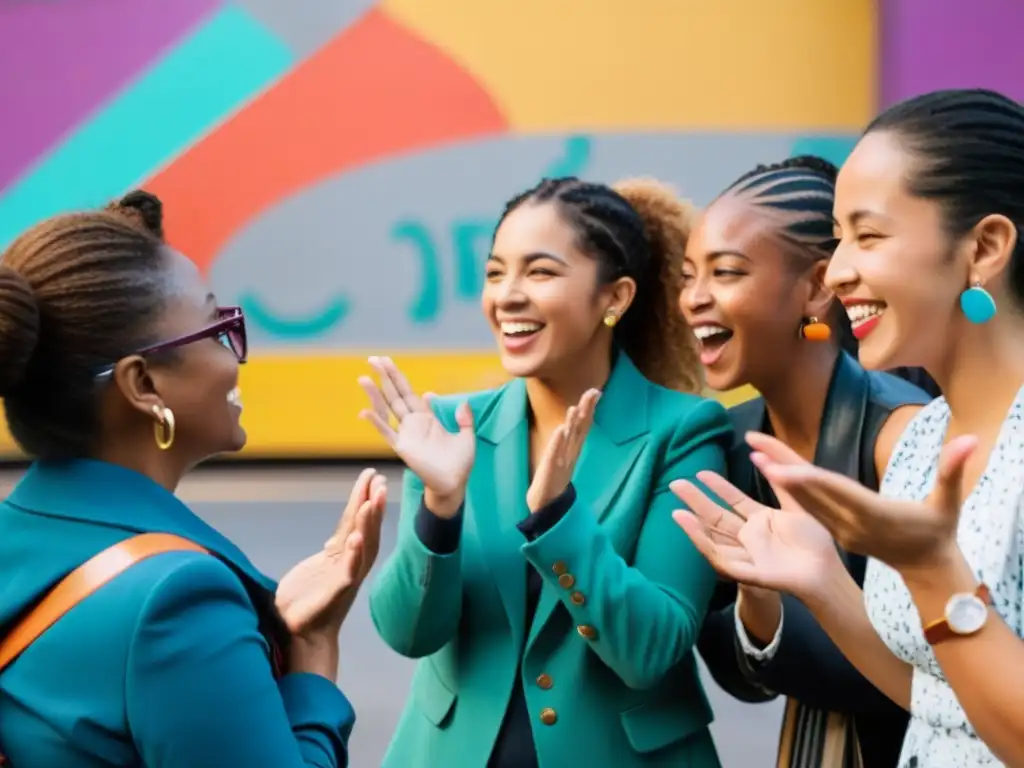 Un grupo diverso de personas conversando animadamente en un entorno urbano vibrante, destacando la influencia de los dialectos en la identidad social