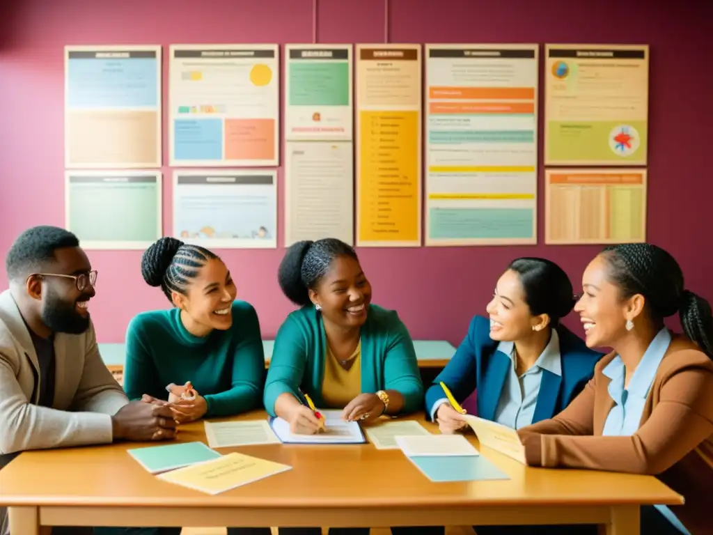 Un grupo diverso de personas aprende idiomas alrededor de una mesa, usando libros, tarjetas y aplicaciones de aprendizaje de idiomas