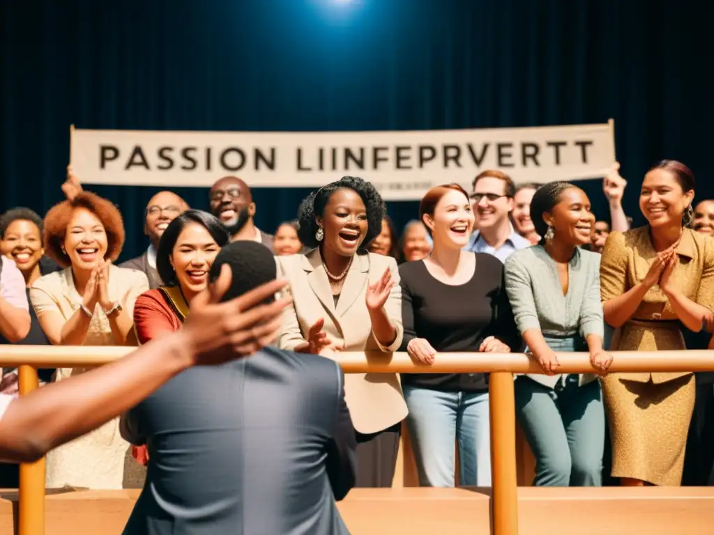 Un grupo diverso de personas se reúne alrededor de un intérprete de lenguaje de señas en un escenario, transmitiendo pasión y claridad