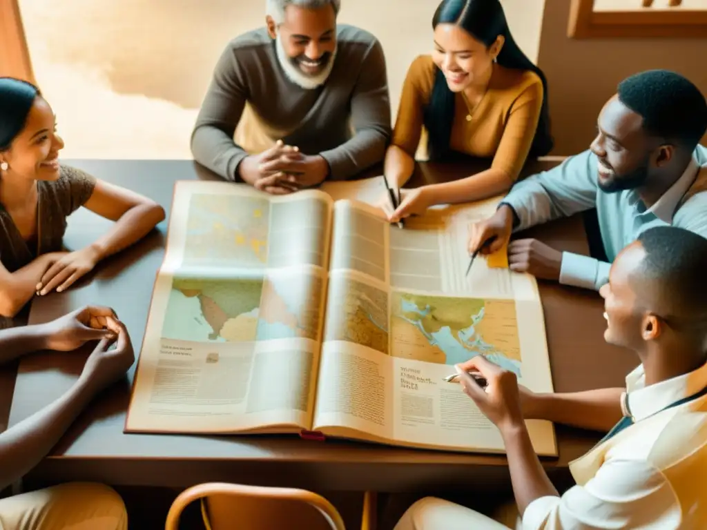 Un grupo diverso de personas se reúne alrededor de una mesa, con libros de idiomas y mapas