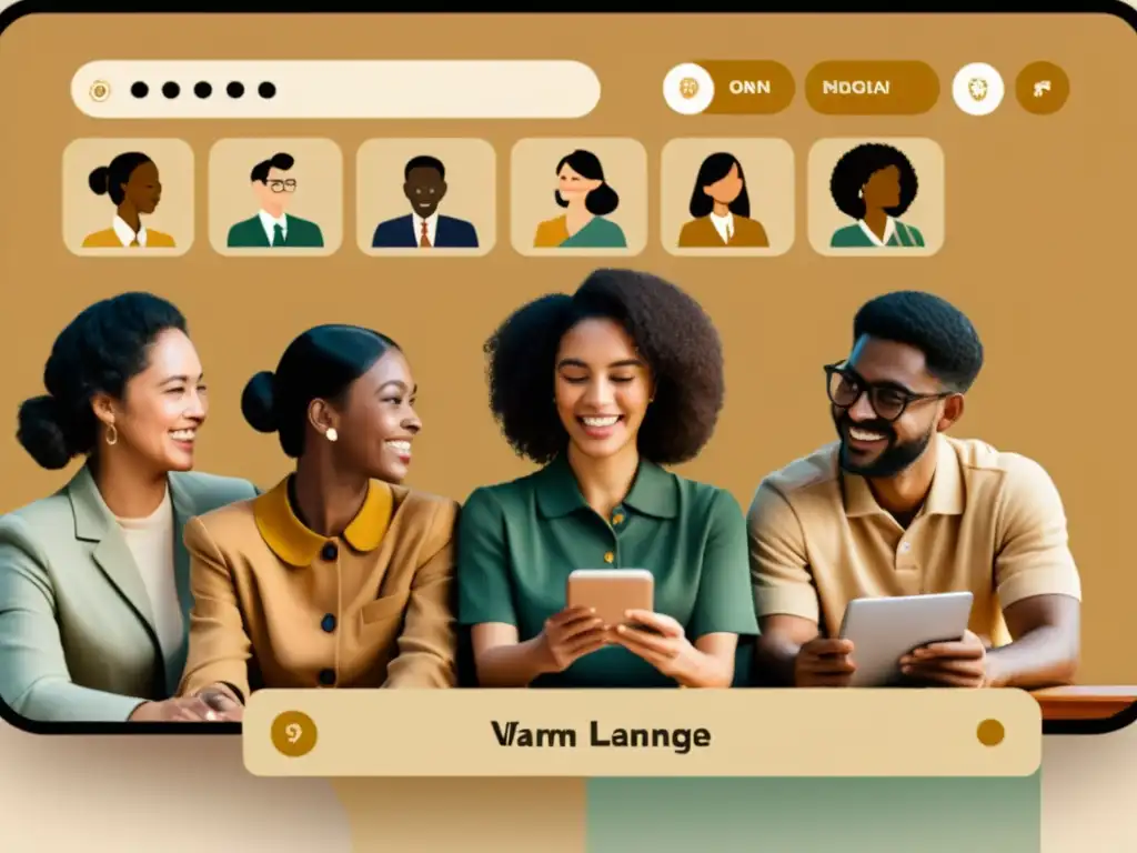 Grupo diverso participa en plataforma online de aprendizaje de idiomas, con estética vintage que evoca la democratización educativa