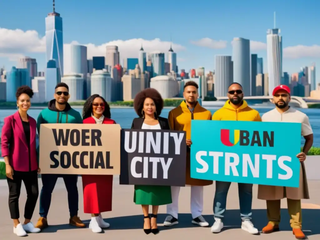 Grupo diverso en protesta, pancartas en varios idiomas