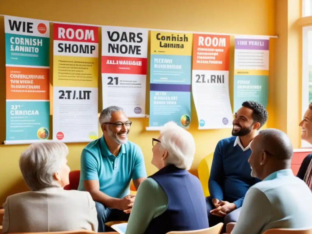 Grupo diverso conversa animadamente en un salón soleado, practicando el Cornuallés Siglo XXI entre coloridos carteles y una atmósfera vibrante