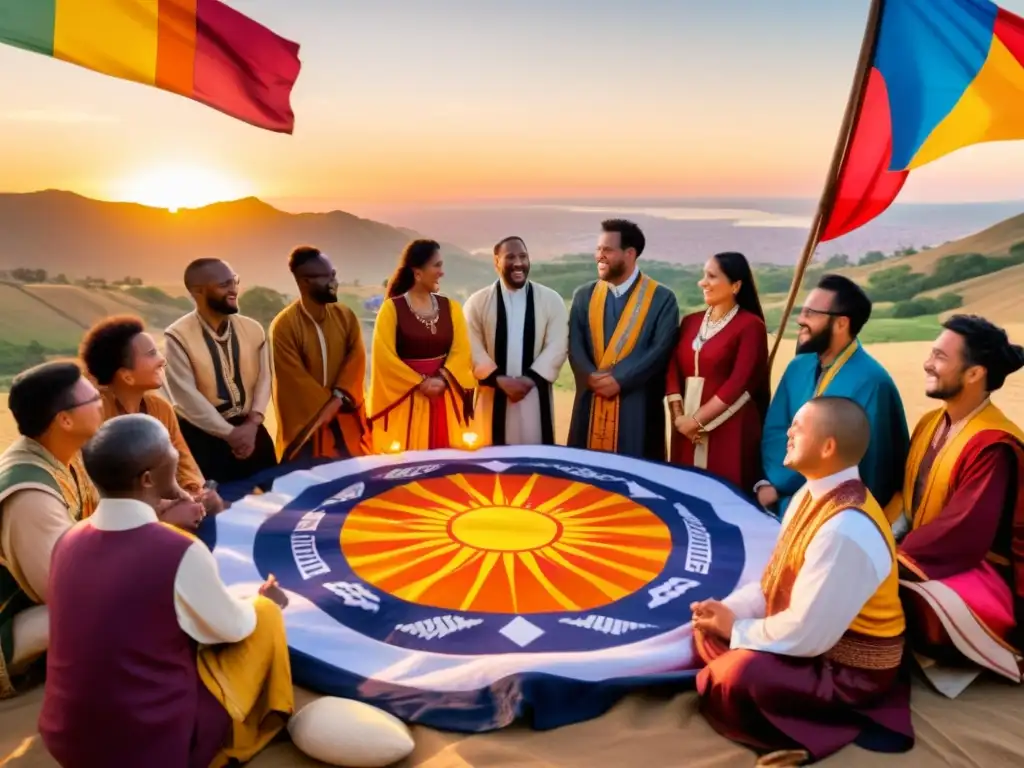 Un grupo diverso usando trajes tradicionales conversa bajo la cálida luz del atardecer, rodeado de banderas y dialectos