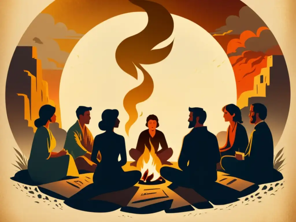 Un grupo emocionado de personas rodea una fogata, con ruinas celtas al fondo