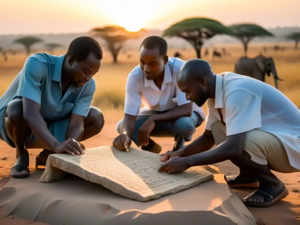 Grupo de eruditos estudian antiguas inscripciones africanas al atardecer, revelando la rica historia de la escritura en África subsahariana