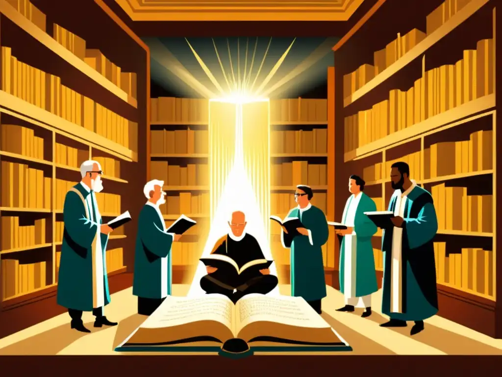 Un grupo de eruditos discute animadamente alrededor de un antiguo libro en una biblioteca ornamentada, iluminada por velas