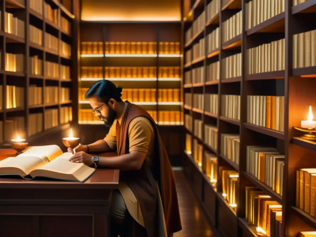 Grupo de eruditos estudian antiguos manuscritos en sánscrito bajo la luz de las velas en una biblioteca tenue