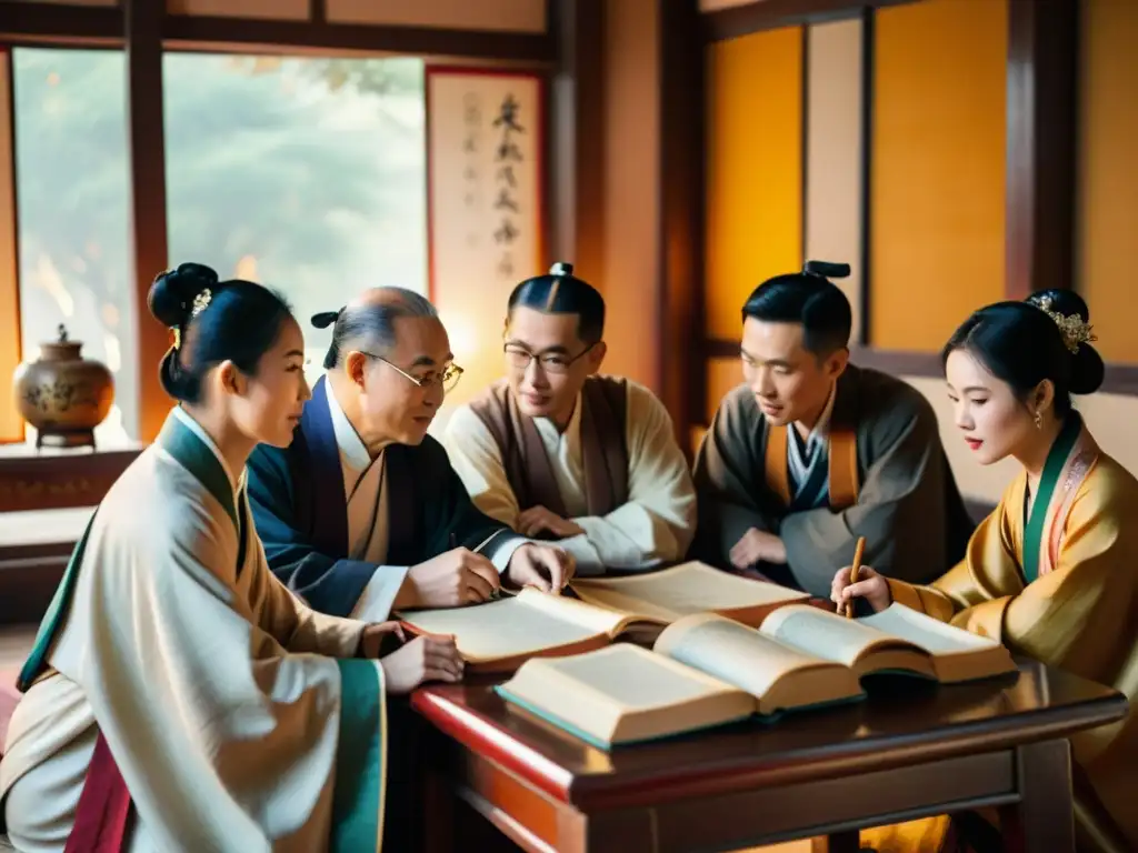 Un grupo de eruditos chinos discute animadamente entre rollos de caligrafía y libros antiguos, vistiendo Hanfu en una sala cálidamente iluminada