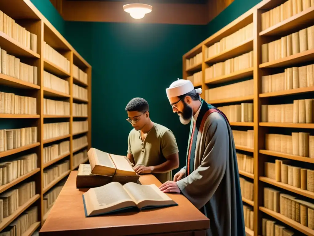 Un grupo de eruditos y lingüistas estudian inscripciones ugaríticas en una biblioteca ornamentada, evocando reverencia y dedicación a la conservación del lenguaje ugarítico contemporáneo