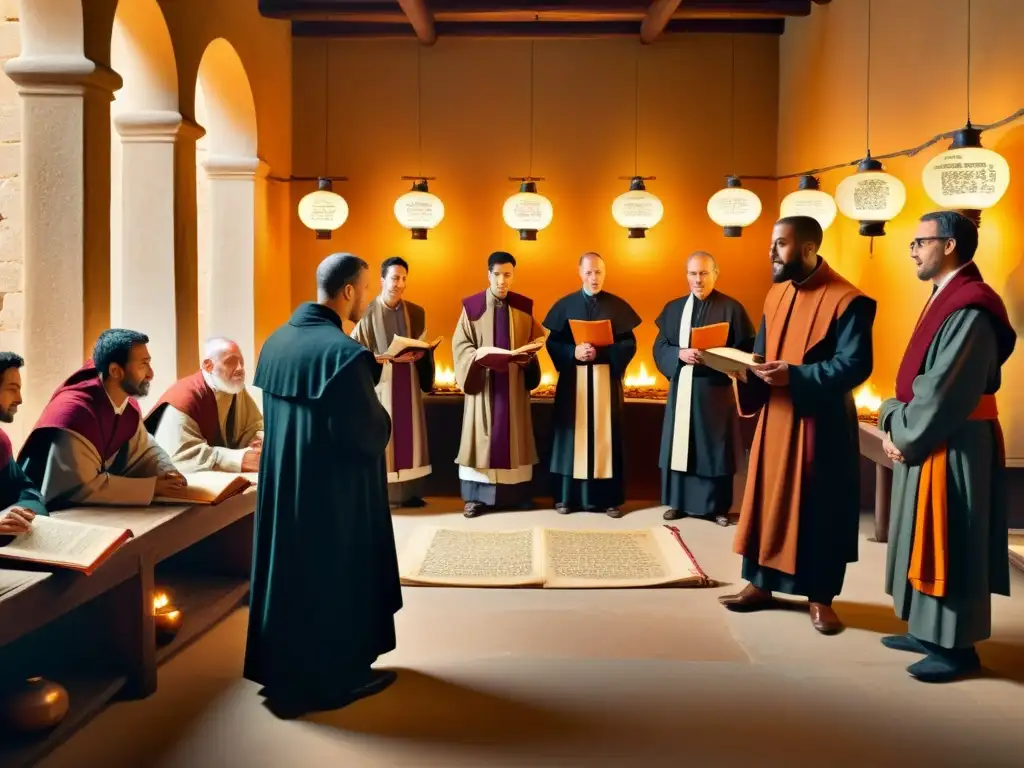 Grupo de eruditos y monjes inmersos en el estudio del sánscrito en un scriptorium antiguo, evocando la trascendencia global del sánscrito