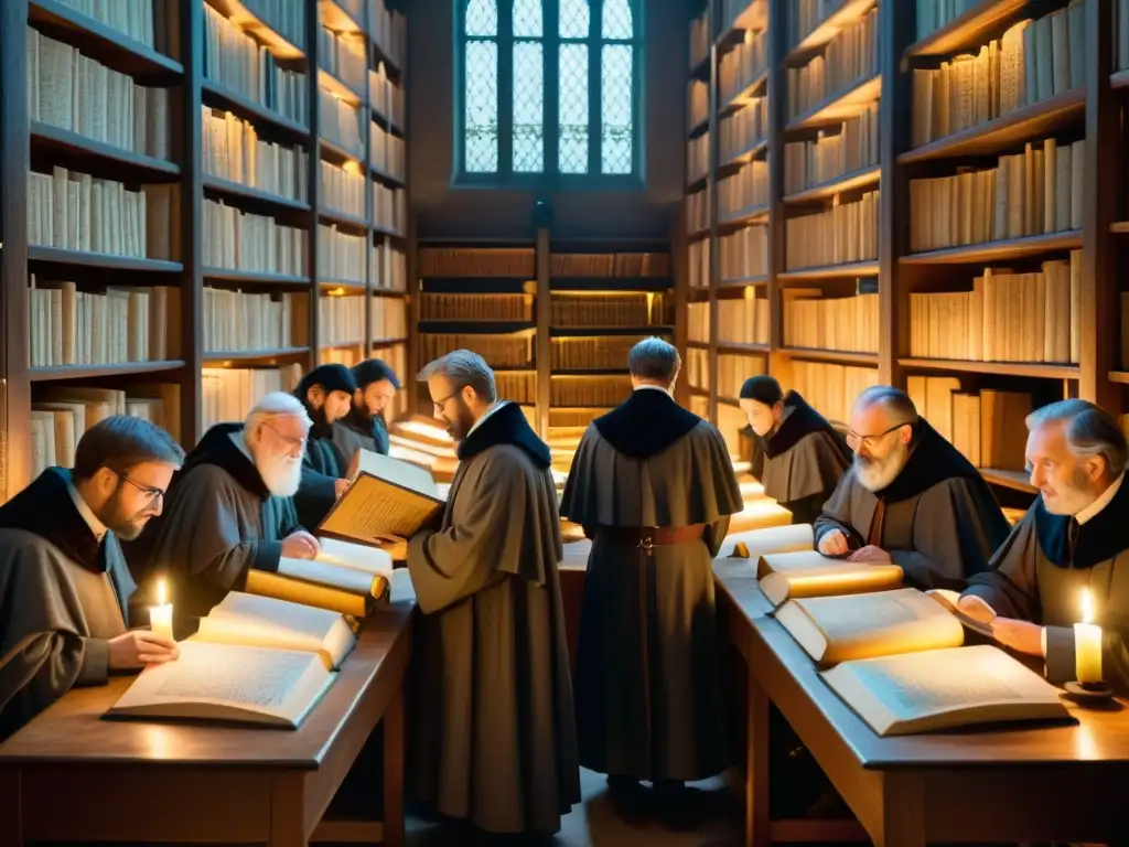 Un grupo de eruditos decodificando secretos del gótico en una iluminación cálida de velas, rodeados de antiguos manuscritos