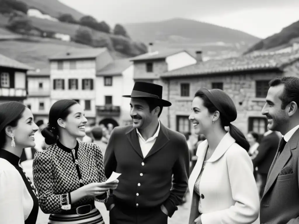 Grupo conversando en escenario tradicional vasco, con detalles de la vestimenta y arquitectura, transportando a la historia lengua vasca España