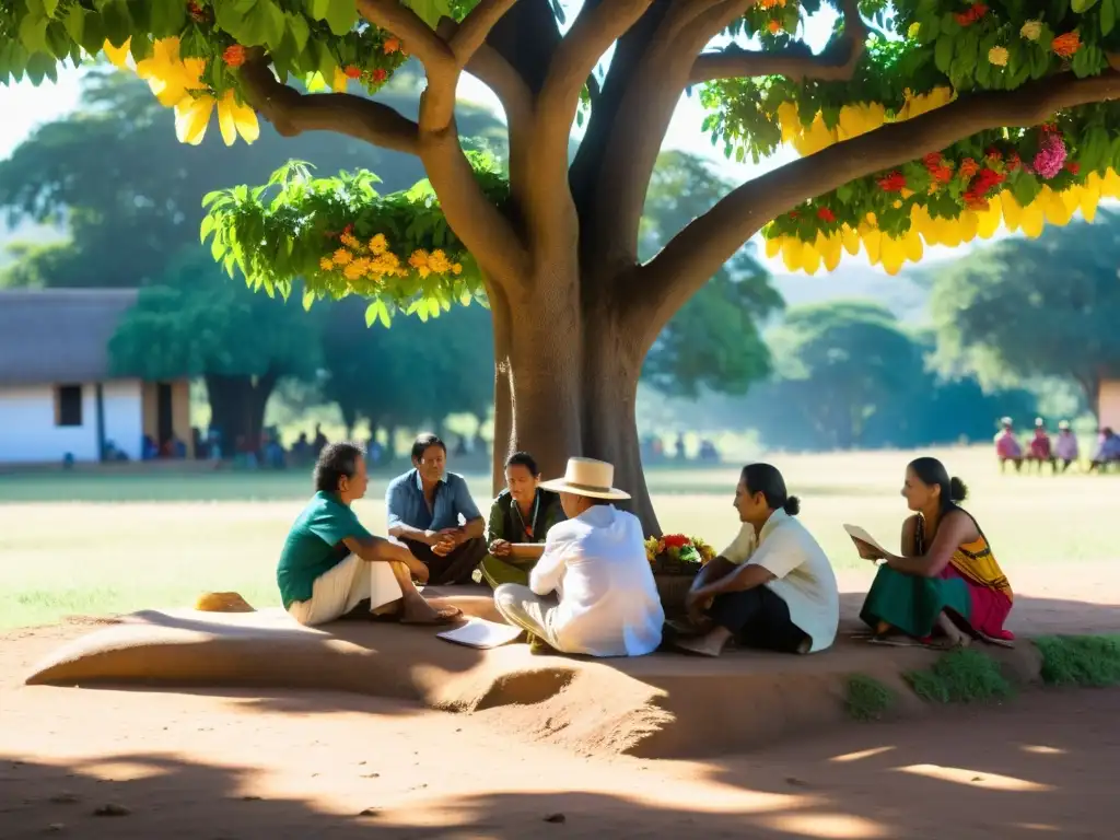 Grupo de escritores contemporáneos en guaraní discutiendo bajo un árbol frondoso, rodeados de naturaleza exuberante y arquitectura tradicional