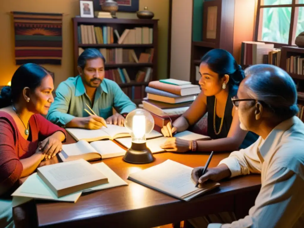 Grupo de escritores contemporáneos en guaraní debatiendo apasionadamente, rodeados de libros, arte guaraní y determinación