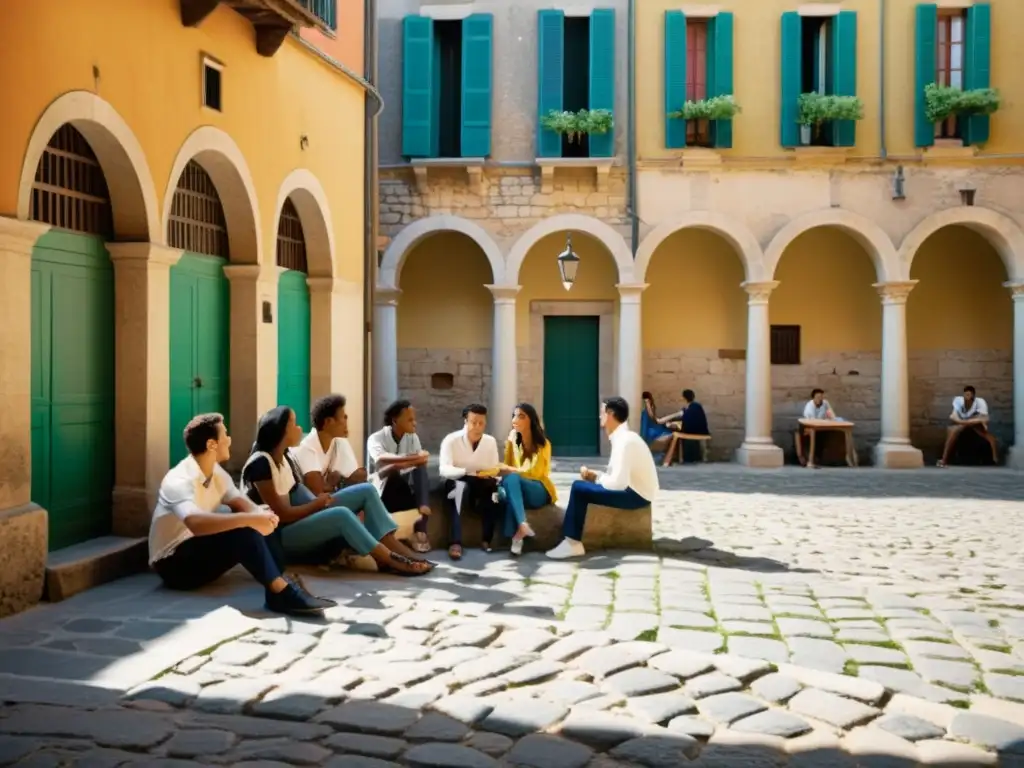 Un grupo de estudiantes disfruta de un animado intercambio en un patio italiano, rodeado de edificios antiguos