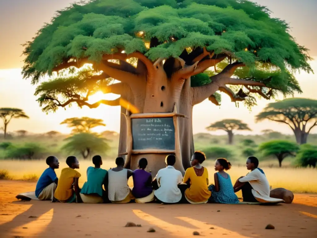 Un grupo de estudiantes aprendiendo Swahili bajo un baobab al atardecer, en una escena nostálgica y cultural