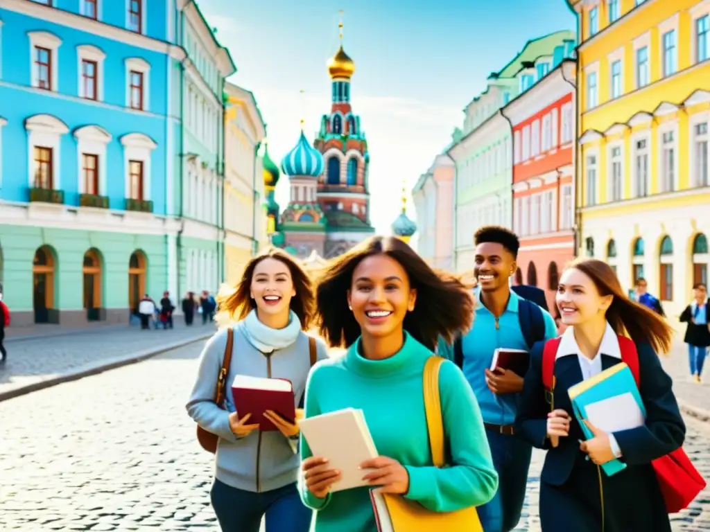 Un grupo de estudiantes camina por las coloridas calles de San Petersburgo, inmersos en la cultura rusa