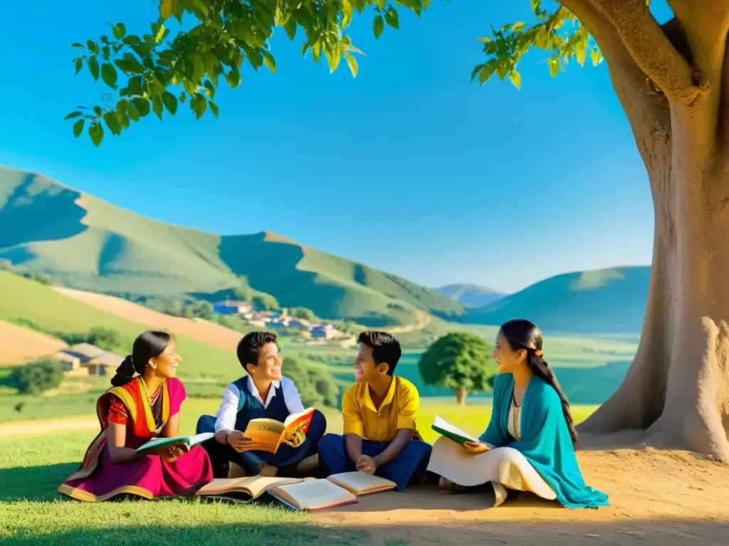 Un grupo de jóvenes estudiantes de idiomas conversando bajo un árbol, rodeados de colinas y un cielo azul vibrante